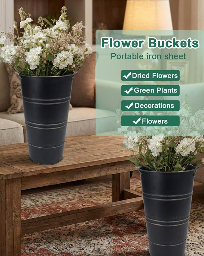 12 Inch Galvanized Metal Vase, 6 Pack Tall Flower Buckets with Handles | Galvanized metal flower buckets with handles, rustic tall vase design for dried flowers, weddings, farmhouse and home decor.