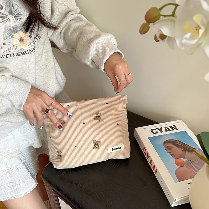 Cute Small Soft Corduroy Zipper Makeup Bag for Purse, Coquette Aesthetic Pouch with Bear Pattern for Women Girls, Kawaii Travel Cosmetic Bags（04Light Taupe）