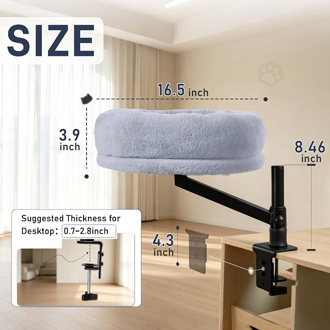 ANWA Cat Desk Bed for Indoor Cats, Heavy Duty Desk Hammock Cat Bed, Gray | 360° Rotating & Adjustable Height, Round 16.5" Cat Bed for Desk, Soft Faux Fur, Metal Frame (Max 45lbs), Cat Furniture