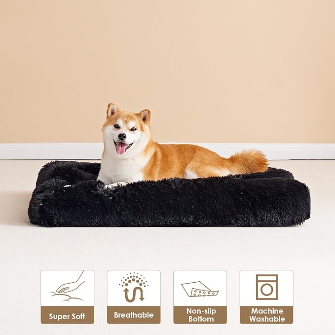 EHEYCIGA Fluffy Dog Crate Bed for Large Dogs, Plush Faux Fur Pad, Black | Calming Anti Anxiety Large Dog Crate Bed, Washable Soft Warm Mat with Non-Slip Bottom