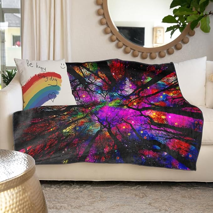Blacklight Galaxy Forest Throw Blankets UV Reactive Night Sky Throw Blanket Glow in the Dark Under Black Lights Game Room Decor Soft Throw Gifts 59x51 Inches