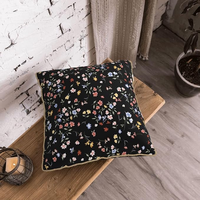 Black Floral Velvet Pillow Covers 20x20 Inch Vintage Colorful Wildflower Throw Pillows For Couch Farmhouse Cushion Covers Pillowcase Spring Summer Plant Pillow Cases For Sofa Bed Outdoor Decor