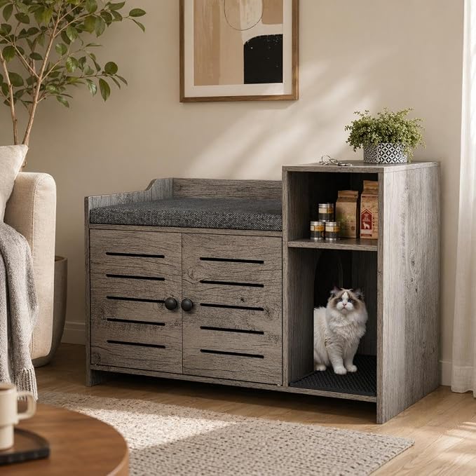 Cat Litter Box Enclosure Furniture, Large Hidden Litter Box Cabinet with Double Door, End Table Cat House with Storage Shelf, Modern Pet Furniture for Living Room, Grey