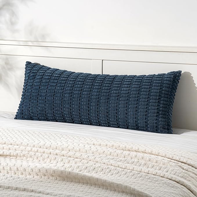 MIULEE Lumbar Corduroy Throw Pillow Cover for Bed 14x36 Blue Pack of 1 | Soft Long Decorative Cushion Cover Boho Farmhouse Accent Pillowcase Sofa Couch Livingroom Coastal Home Decor