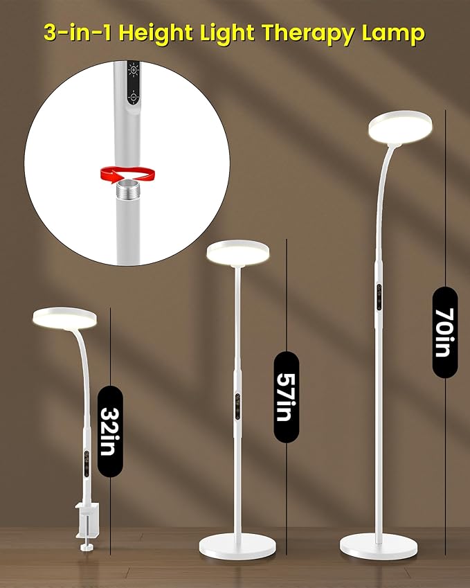 Light Therapy Lamp 11000 Lux, Full Spectrum LED UV-Free Sunlight Lamp with 10 Adjustable Brightness & 5 Color Temperatures, 3 in 1 Retractable Timer Control Therapy Floor Lamp, White