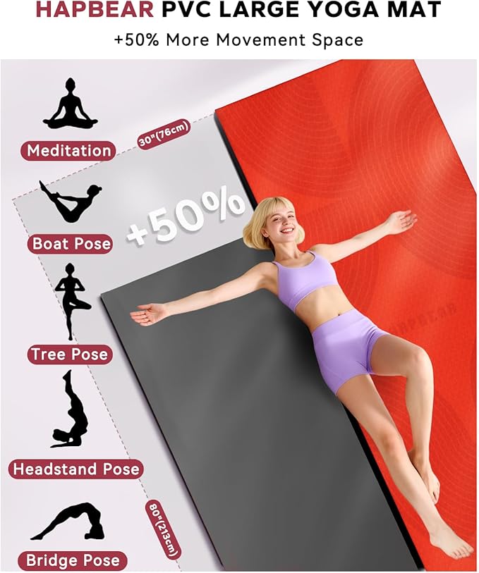 HAPBEAR Large Yoga Mat - 72"x36" Extra Wide Exercise Mat - 1/4" Thick Dual Color PVC | Anti-Slip Surface & High Cushioning - Ideal for Yoga, Pilates & Home Workouts - Bonus Mesh Bag