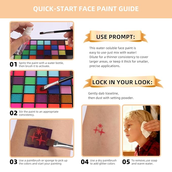 Face Painting Kit for Kids with Book,Stencils,Brushes,Non Toxic Water Activated Face Paint Palette For Halloween,Carnival,Party Costume Makeup Any Creative Activity with Kids(54 Colors)