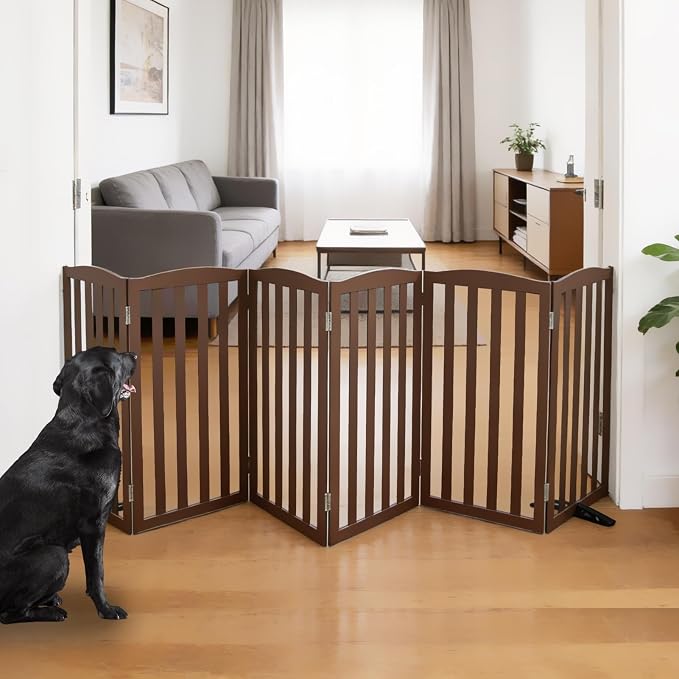 ZJSF Foldable Freestanding Indoor Dog Gate for House Wood Long Pet Gates Dog Fence for Stairs Puppy Gates for Hallways, Puppy Gate,Support Feet Included, Brown, 32 "Height-6 Panels