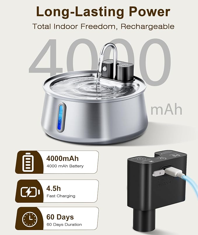 CEESC Cordless Cat Water Fountain, Stainless Steel, 4L/135oz for Cats/Dogs | Motion sensor, Long-Lasting 4000mAh, automatic pet water dispenser, 4-stage filtration, ultra-quiet pump, indoor