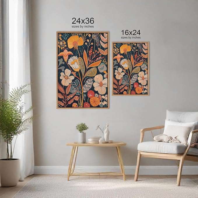 FWIEXA Burnt Orange Floral Framed Wall Art Set of 3, Large Mid Century Modern Flower Canvas Wall Prints, Boho Botanical Wall Decor, 24x36 Inches Neutral Plant Painting for Living Room, Bedroom, Office