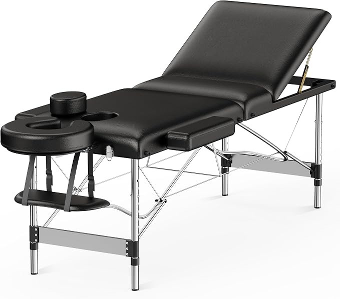 Brelley Massage Table Portable Professional 3 Sections Reclining Massage Couch, Aluminum Adjustable Esthetician Bed Tattoo Table SPA Lash Salon Bed with Carrying Bag (Black)
