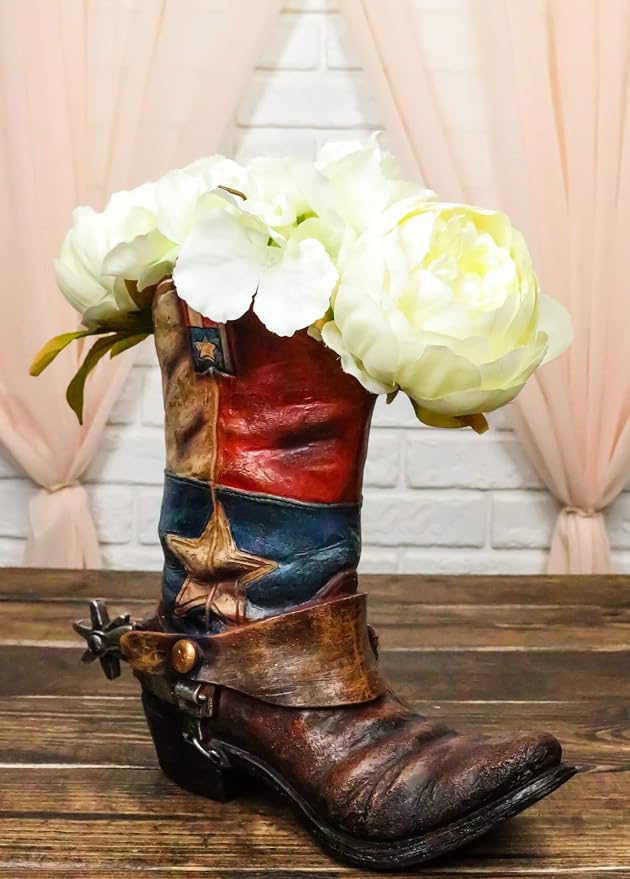 Ebros Gift Patriotic Texas State Flag Western Star Rustic Antiqued Cowboy Boot with Spur Hand Painted Resin Decorative Flower Bouquet Vase Or Planter Figurine American Spirit Home Decor Accent