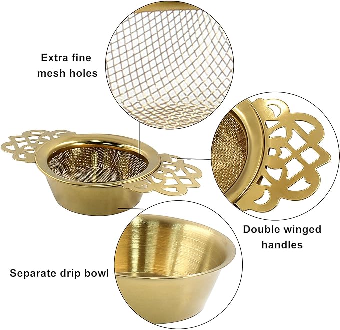 2 Pack Tea Strainers with Drip Bowls, Stainless Steel Tea Strainer Bowl Loose Leaf Tea Filter for 2.5-4 Inch Cup Mouth (Gold)