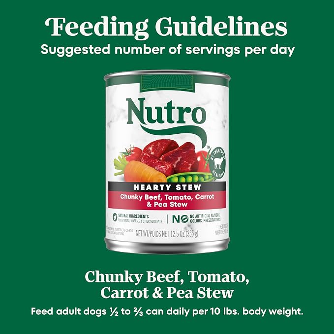 Nutro Hearty Stew Wet Dog Food, Chunky Beef, 12.5 oz, 12 Pack | Grain-free, real beef #1 ingredient, with tomato, carrot & pea, natural ingredients, made in USA, canned dog food