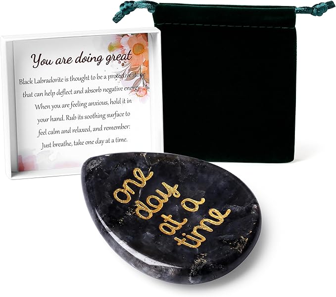 LAIDANLA Worry Stone for Anxiety Black Labradorite Healing Crystal Sensory Fidget Thumb Stones One Day at A Time Mental Health Relief Items Inspirational Thinking of You Sobriety Gifts for Women Men