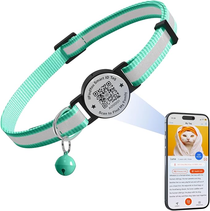 Breakaway Cat Collar QR Code, Reflective Bell, Adjustable Kitten, Teal