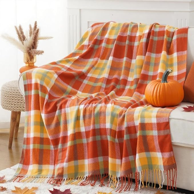 Fall Plaid Throw Blanket for Couch, Orange Plaid Blankt 50"x60", Fall Decor | Burnt Orange Throw Blanket, Soft Decorative Woven Blanket with Tassels, Rustic Farmhouse Style Blanket Throw for Bed Sofa