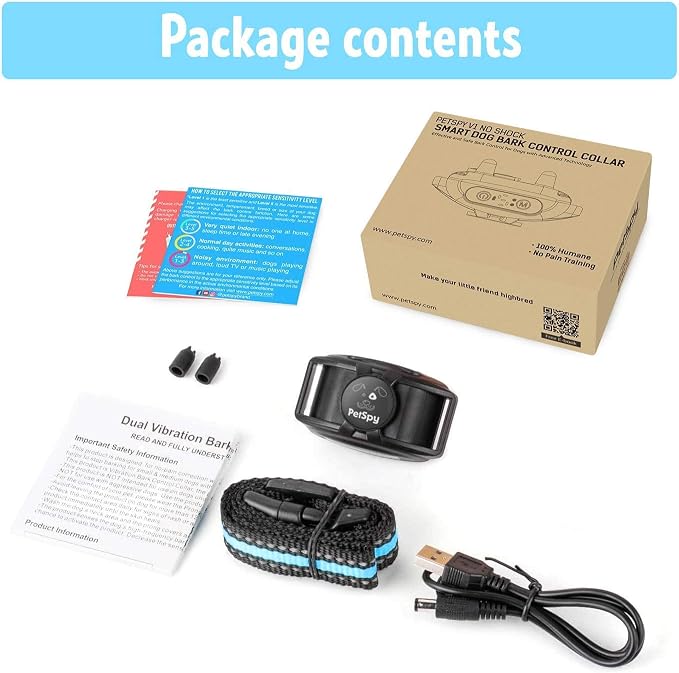 PetSpy No Shock Bark Collar for Dogs Barking Control Humane Waterproof Training Device w/2 Anti-Bark Dual Vibration & Beep for Small Medium Large Dog