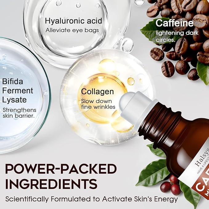 Caffeine Eye Serum with Cooling Roller – Helps Reduce Dark Circles, Puffiness & Fine Lines – Under Eye Treatment with Hyaluronic Acid & Collagen for Firmer, Brighter-Looking Eyes