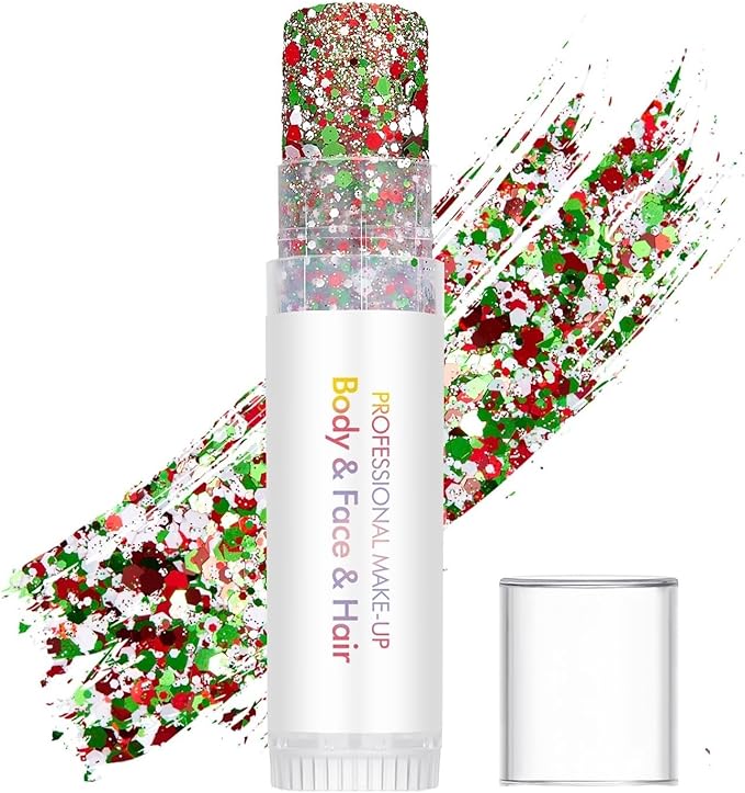 Body Glitter Stick,Sparkling Neon Outfit Party Holographic Sequins Paint Mardi Gras Accessories Face and Body Glitter Gel Makeup. (Red & Green& White)