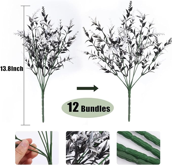 RECUTMS Artificial Plants Spring Black Greenery Fake Fall Outdoor Flowers | 12 Pack Black Decor,Artificial Greenery for Flower Arrangement Indoor Hanging Plants Garden Porch Window Home Halloween Décor