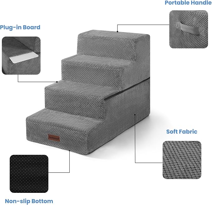 Aodisman Dog Steps for Bed & Couch,18.5" H 4-Step Pet Stairs for Small Dogs | High-Support Anti-Slip Dog Ramp, Easy-to-Climb Steps for Doggies, Older Cats,Short-Legged Dogs to Get on and off Beds,Grey