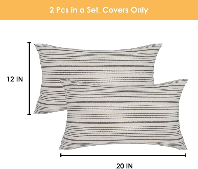 Gray Striped Outdoor Decorative Couch Throw Pillow Covers 12x20 | Pack of 2 Lumbar 12x20 in Farmhouse Throw Pillows for Couch Sofa Bed Grey and Cream