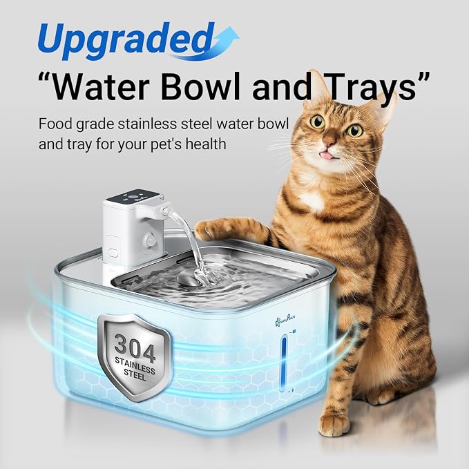 DownyPaws Cat Water Fountain Stainless Steel Wireless Automatic, White | Cordless Battery Operated Pet Water Fountain, 101 Oz/3L Water Fountain for Cats Drinking with Motion Sensor