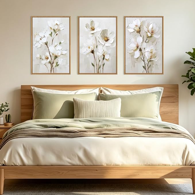 FWIEXA 3D Beige White Floral Canvas Wall Art,Neutral Flower Framed Wall Art Texture,Modern Abstract Botanical Paintings,16x24In Watercolor Minimalist Wildflower Artwork Magnolia Painting for Living Room,Bedroom,Office