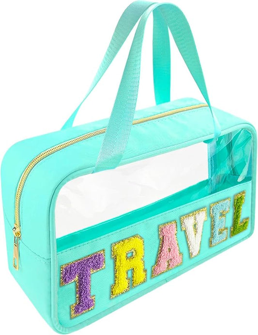 Bunliuys Chenille Letter Clear Makeup Bag Travel Patch, Travel Toiletry Makeup Bag with Handle, Nylon Waterproof Makeup Bags clear cosmetic bag, preppy patch makeup bag for Women (TRAVEL-Mint Green)