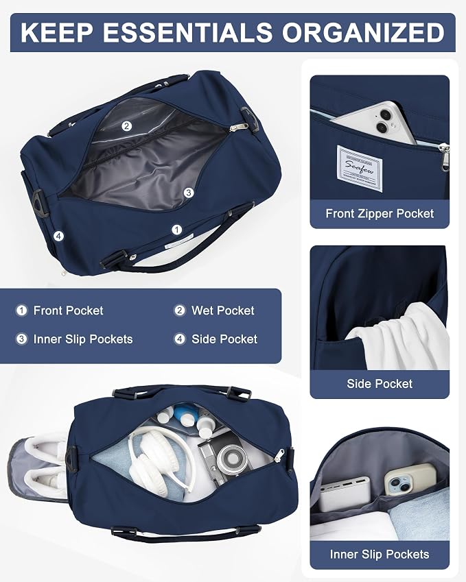 Gym Bag Womens Mens with Shoes Compartment and Wet Pocket Travel Duffel Bags for Women for Plane Sport Gym Tote Bags Swimming Yoga Waterproof Weekend Overnight Bag Carry on Bag Hospital Holdalls