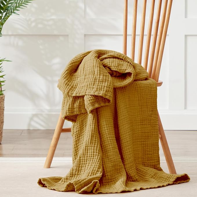 100% Cotton Muslin Blanket Twin 60" x 80", Breathable and Lightweight Cotton Twin Blankets for Couch, Soft Cooling Summer Gauze Blanket for Adults All Season, Camel