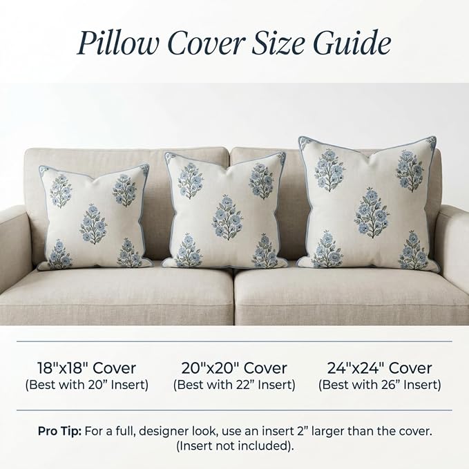 “The Camille” Floral Block Print Pillow Cover – Soft Blue and White Decorative Throw Pillow Cover – Grandmillennial Home Decor, 20" x 20"