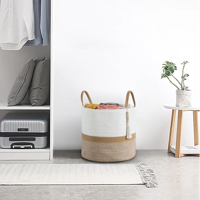 Mkono Woven Storage Basket for Blanket, Toys Plant Organizer, 16"W x 13.8"L | White and Brown, Decorative Basket with Handle, Wood Beads Tassel, Shoes Clothes Storage Bin, Living Room Bedroom Nursery