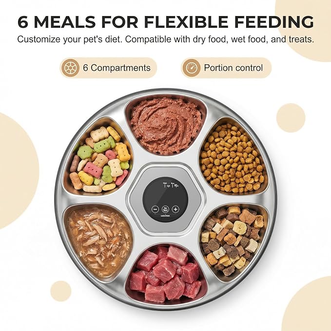 Ownpets 6 Meals Automatic Cat Feeder for Wet/Dry Food, with 2 Ice Packs, Programmable Timed Pet Feeder, Cordless Rechargeable Battery Auto Feeder for Cats/Small Dogs (Black)