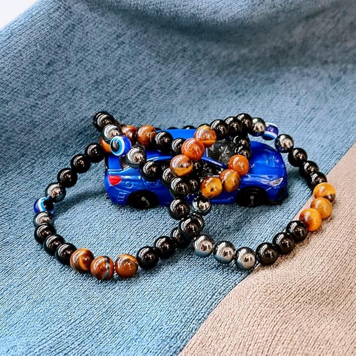 Evil Eye with Hematite Black Obsidian Tiger Eye Stone Triple Protection Bracelets for Men Women, Crystal Healing Stone Bracelet Bring Luck Prosperity and Happiness Jewelry