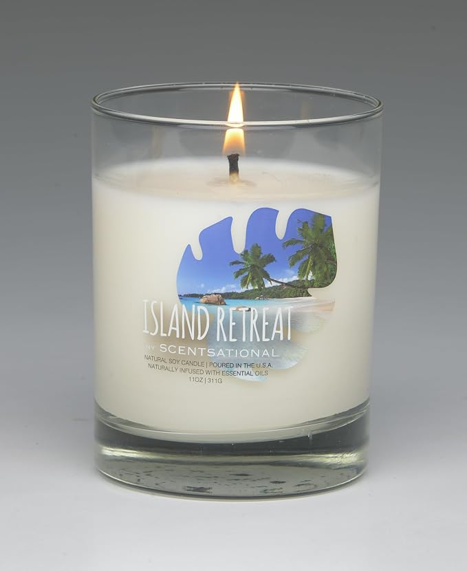 Scentsational Island Retreat Natural Soy Candle, 11 oz Glass Jar, 50-60 Hour Burn Time, Gift Wrapped