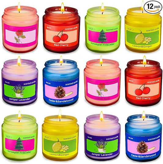 12 Pack Candles Colored Frosted Jar Aromatherapy Candle Gifts for Women, Natural Soy Wax Candle Set, Scented Candles Set for Birthday Valentine Mother's Christmas Day Present