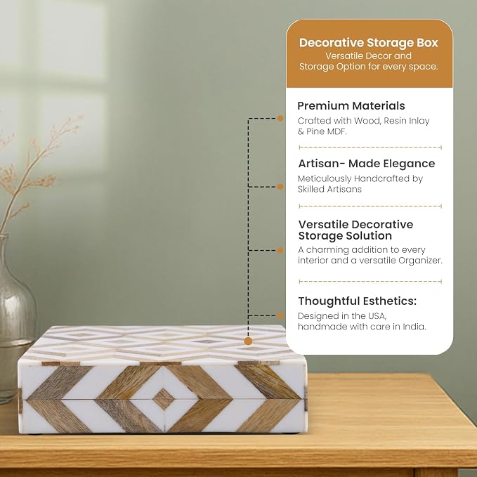 Handicrafts Home White Decorative Storage Box with Lid Wooden Desk Organizer Box Office Storage Box for Workspace Desk Decor Organizer – Resin Inlay Marquet Array Collection - 6x8x1.5