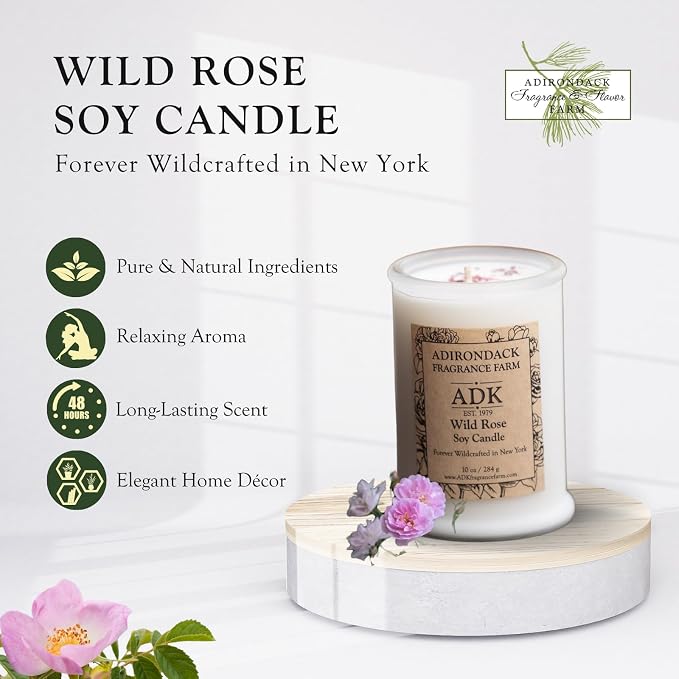 ADK Wild Rose Scented Candle, 10 Oz Aromatherapy Candle, Proudly Poured in The USA, Natural Wax for Relaxation and Home Décor, for Gift, Kitchen, and Living Spaces