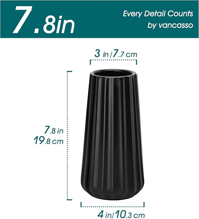 vancasso Ceramic Vase, 7.8 Inch Modern Ribbed Glossy Decorative Vase, Flower vase for Home Decor, Living Room, Bedroom, Office Decor, Black
