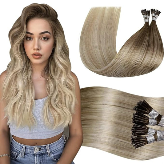 LaaVoo I Tip Hair Extensions Human Hair Balayage Brown to Ash Blonde with Platinum Blonde Itip Hair Extensions Real Hair I Tip Human Hair Extensions Soft Hair 50g 50s 22inch