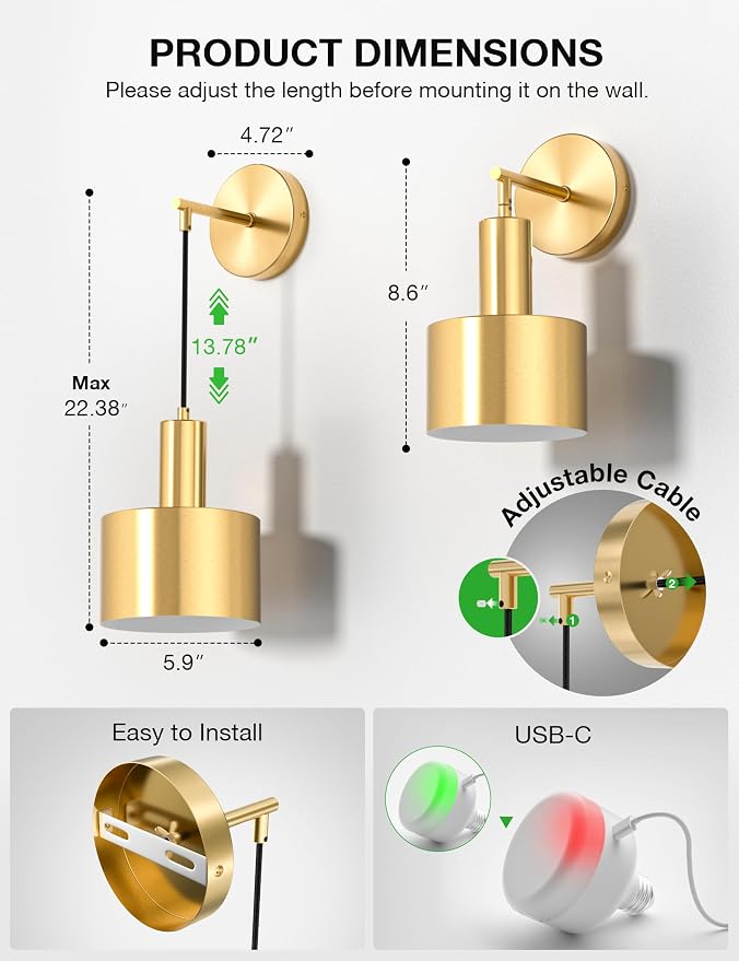 Battery Operated Wall Sconce Set of 2, Gold Wireless Rechargeable Wall Lights with 5200mAh Dimmable Detachable Bulbs and Remote, 9 Colors Sconces Wall Decor for Bedroom Living Room Hallway