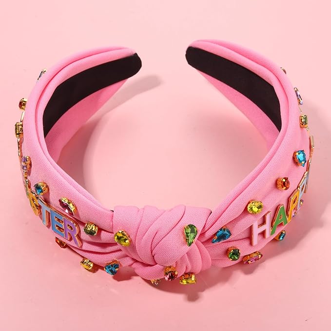 mokkia Easter Headbands Beaded Rabbit Bunny Headband for Women Pink Spring Knotted Headband Easter Hair Accessories Gifts