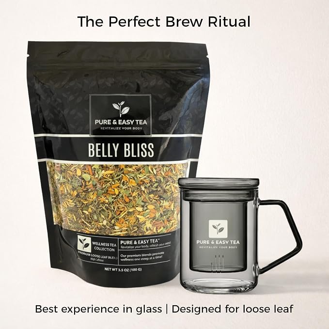 Pure And Easy Tea, Belly Bliss Loose Leaf Tea, Whole Leaf Botanical Blend with Yerba Mate, Sencha & Dandelion Leaf (100g)