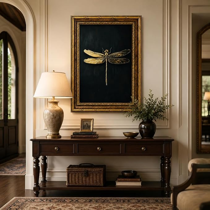 Vintage Framed Dragonfly Picture Wall Art,Gothic Insect Wall Decor16X12in | Dark Retro Farmhouse Style For Ideal For Bedroom, Study, Hallway, Office Or Entryway.