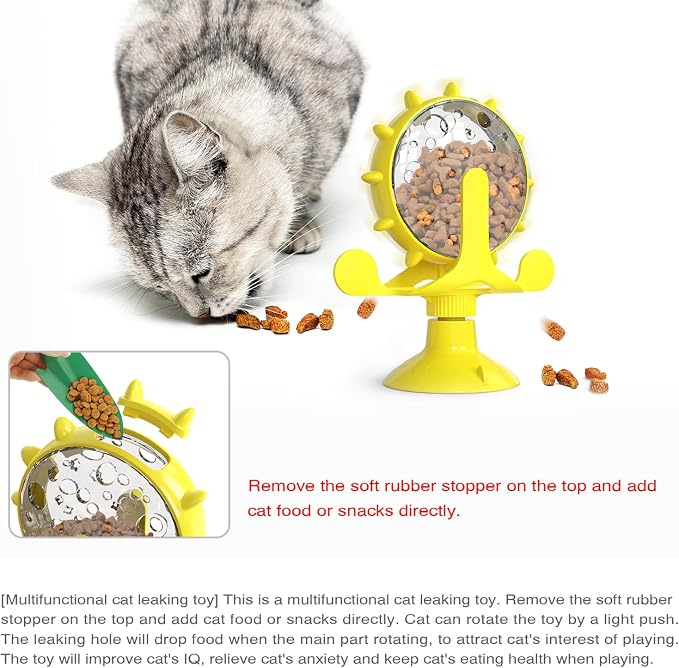 Interactive Cat Slow Feeder, Rotating Durable Dog Puzzle Toy, Mental Stimulation Treat Dispenser with Powerful Suction Cups for Cats and Dogs (Yellow)