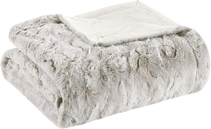 Madison Park Zuri Faux Fur Reversible Throw Blanket, 50 x 60, Snow Leopard | Oversized Soft Plush, Luxury, Animal Stripes, Mink Reverse, Modern, All Season, for Bed Sofa Couch, OEKO-TEX Certified