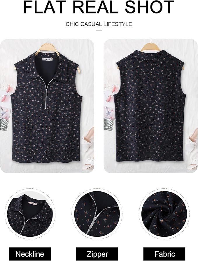 Vivilli Womens Ribbed Tank Top Zipper V Neck Dressy Casual Blouses Sleeveless Camisole Tops Work Tank Polo Shirts