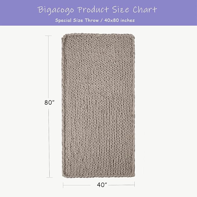Bigacogo Chunky Knit Throw Blanket for Couch, 40x80 inches, Taupe | Hand Knit with Jumbo Chenille, Soft Breathable Cable Knit for Sofa Bed Living Room, Machine Washable, Gift for Mom Friend